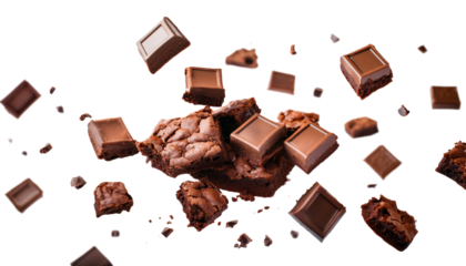 chocolate brownie cookies, crumbs pieces flying , isolated on white, top view, png transparent background