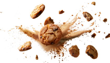 cookies crumbs pieces flying , isolated on white, top view, png transparent background