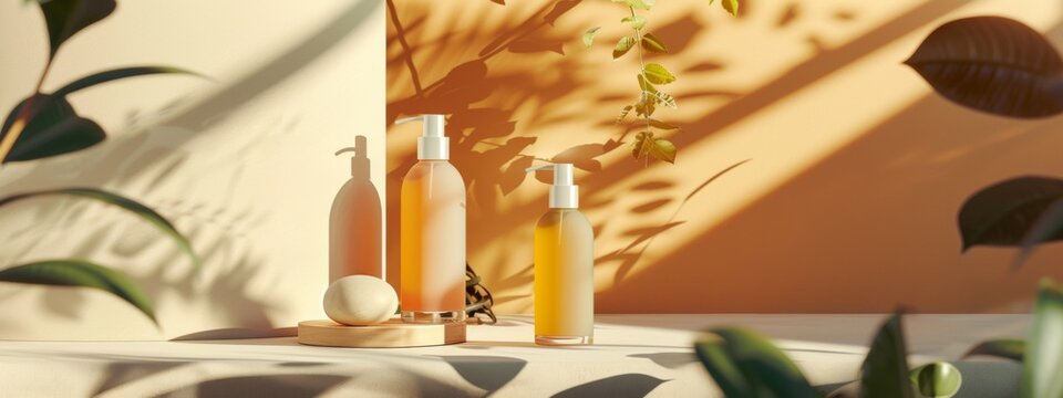 Elegant skincare products in bottles displayed with natural elements