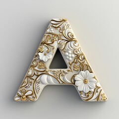 3D letter "A", beige and gold with intricate patterns, white background, with subtle lighting and shadows