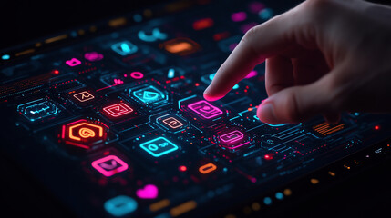 Naklejka premium Hand Touching Glowing Digital Icons On Dark Background, Close-up Of Finger Pressing Illuminated Graphic Interface Element On High-tech Device Screen. 