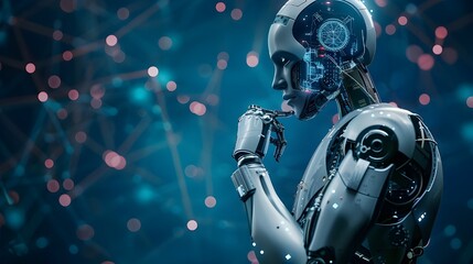 A silver robot with an AI chip in his head is thinking.