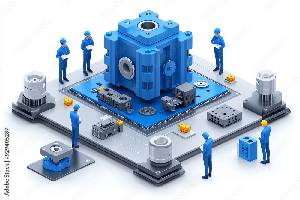 Poster engineers discuss the design and functionality of a blue mechanical component in a bright workspace.