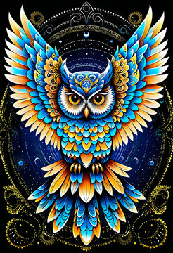 ilustracion de mandala de buho de colores, en plano astral