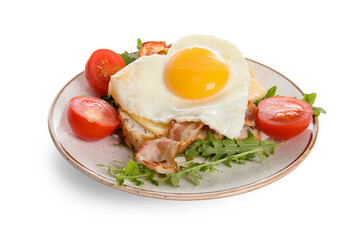 Toast with tasty fried egg, bacon, tomatoes and arugula on white background