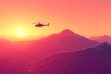 A helicopter soars above mountains while the sun sets, casting warm colors across the sky and terrain. Generative AI