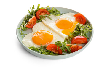 Plate with tasty fried eggs, tomatoes and arugula on white background