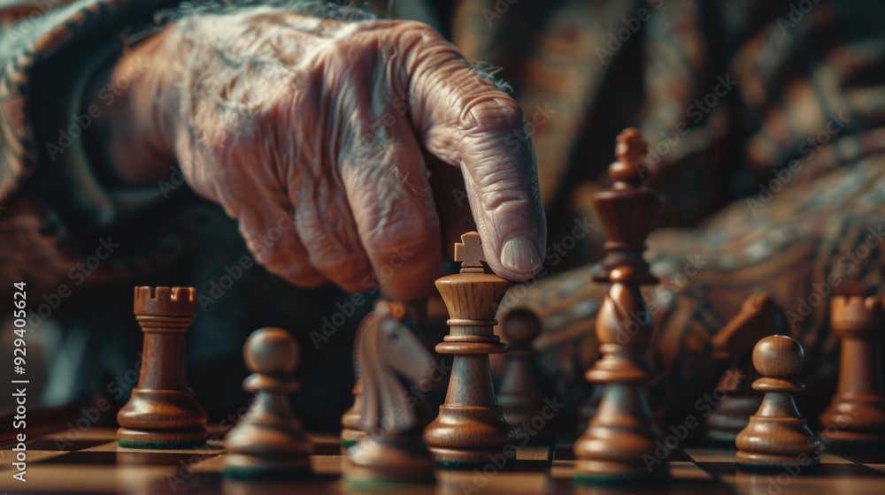 Poster A person engaged in a game of chess on a chessboard