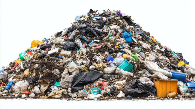 Large pile of mixed garbage and waste, including plastic bags, bottles, and household items, on a stark white background.
