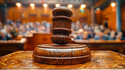 A wooden judge's gavel resting on a podium, with a blurred audience in the background