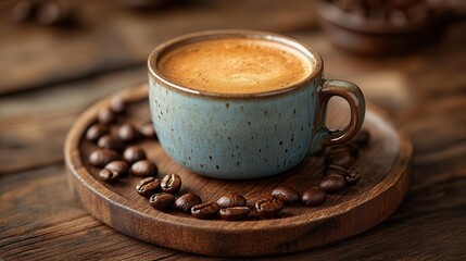 Obraz premium artisanal coffee still life rich espresso in a handcrafted ceramic cup surrounded by aromatic beans on a rustic wooden surface with soft natural lighting
