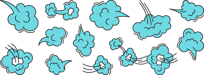 Cartoon fart cloud icon, smoke poof doodle, blue comic breath, air, steam puff, dust or flatulence, smell pop, cute gas bubble set isolated on white background. Aroma vector illustration