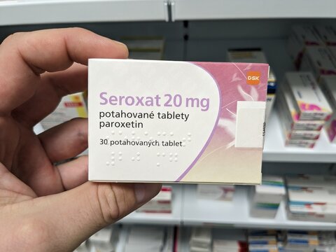 Prague, Czech Republic - August 28 2024: SEROXAT box with PAROXETINE active substance by GSK, used for treatment of depression and anxiety disorders.

