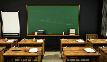 School classroom in 3D, green chalkboard, black wall, wooden desks, whiteboard on the left, desk items