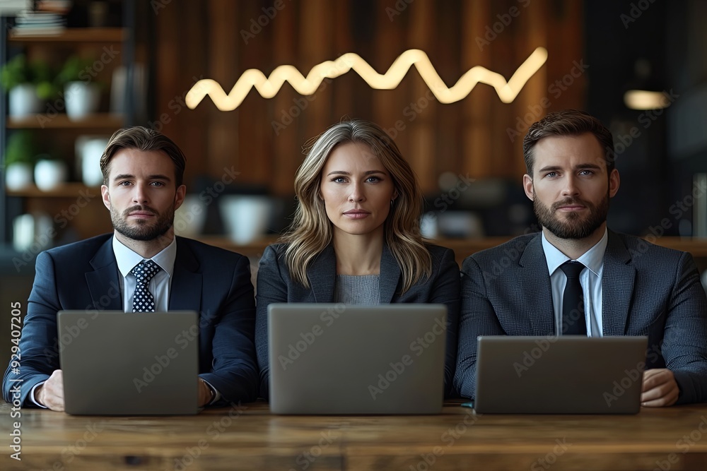 Aufkleber three colleagues focus on their laptops while seated at a table in a stylish office environment. gen
