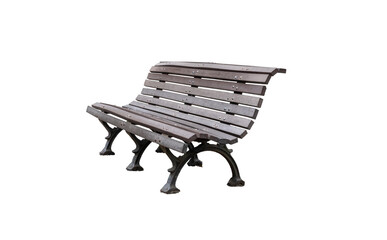 Classic resting bench in public park isolated. Wooden bench with metal legs. Isolated on transparent background