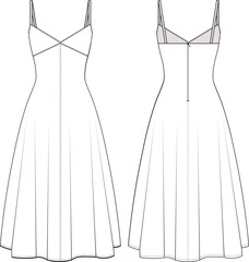 sleeveless strapped strappy spaghetti shoulder straps v neck flared a line long maxi midi dress template technical drawing flat sketch cad mockup fashion woman design style model

