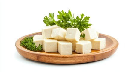 Tofu Cubes On Wooden Plate With Herbs, Isolated On White Background, Ideal For Vegan And Healthy Food Advertising . Generative ai