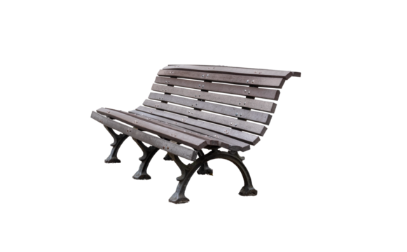 Classic resting bench in public park isolated. Wooden bench with metal legs. Isolated on transparent background