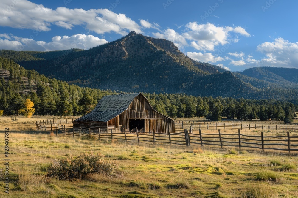 Poster a rustic barn surrounded by lush greenery and towering mountains in the distance