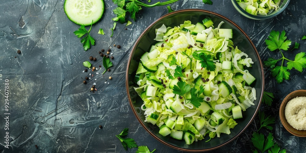 Poster spring vegan salad with cabbage cucumber green onion and parsley top view flat lay