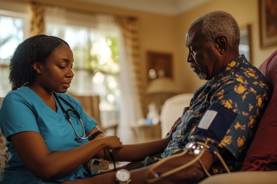 Dedicated black nurse monitors senior patient s blood pressure in comfy home setting - Powered by Adobe