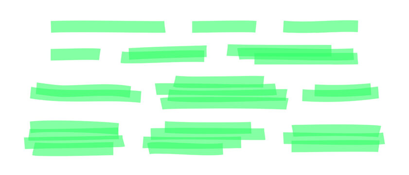 Set of green highlight marker lines. Different transparent handdrawn pen or brush underlines for important text or emphasis selection isolated on white background. Vector realistic illustration.
