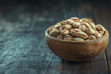Close up of raw pistachios in wooden bowl on vintage wooden surface for photography