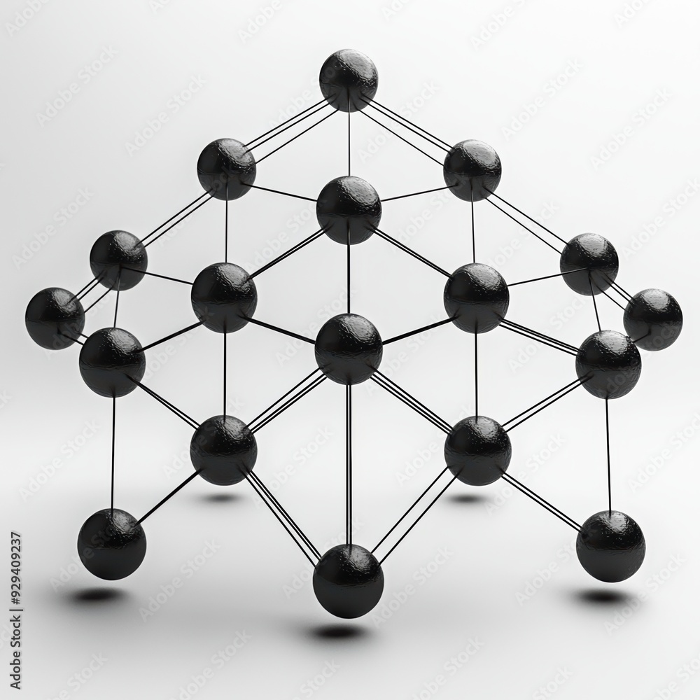 Poster abstract 3d black spheres connected with lines forming a pyramid. minimalistic design on a white bac