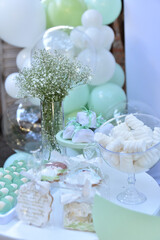 sweets bonbons party decoration with candy table candy chocolatem mashimelow
