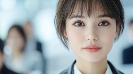 Fototapeta premium Asian woman, pixie cut, leather jacket, enthusiastically running digital marketing campaign, hip office, collaboration with young diverse professionals