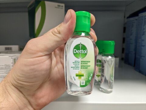 Prague, Czech Republic-August 16 2024:DETTOL GEL box with Antiseptic Gel by RECKITT BENCKISER, used for treatment of skin disinfection and minor wounds.