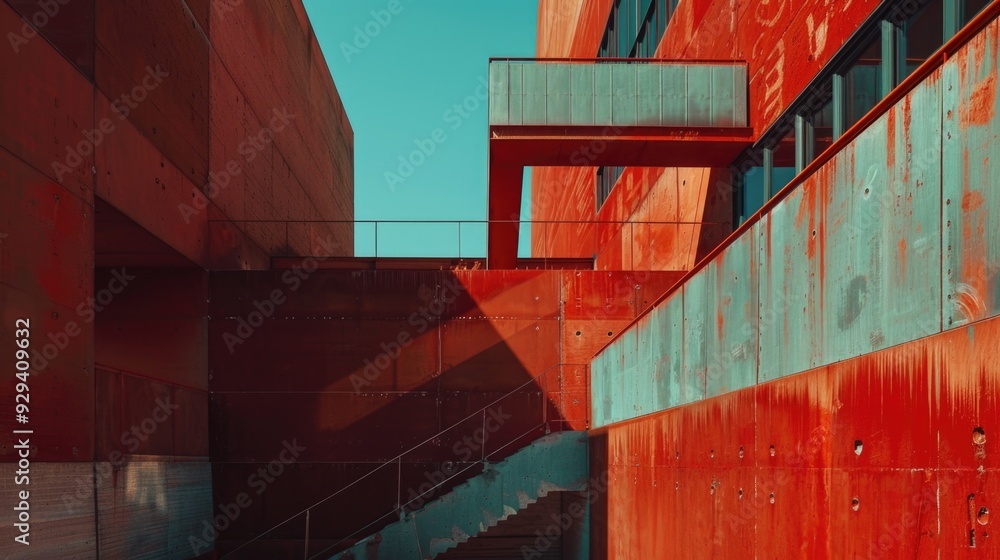 Poster a red building with a staircase leading up to the entrance