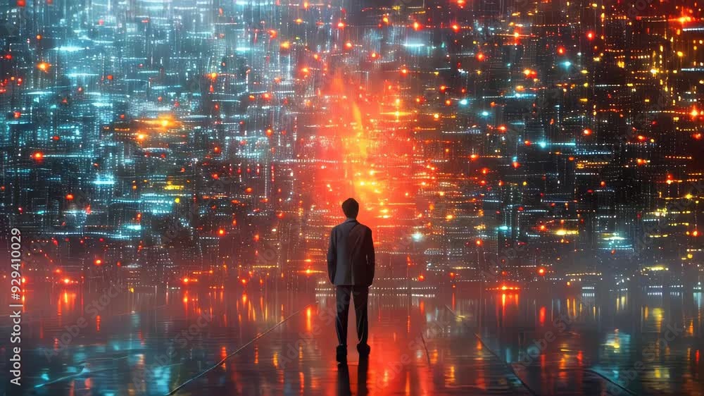 Poster a man interacts with a futuristic digital interface, displaying complex data and graphics. the backg