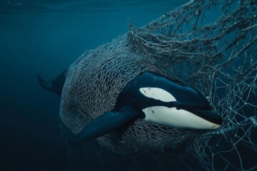 Naklejka premium Orca trapped in fishing net human waste impact on marine life exposed through photography