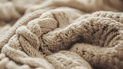 A close-up of a cozy, beige, knitted blanket, displaying intricate patterns and thick, luxurious yarn, exuding warmth and comfort.