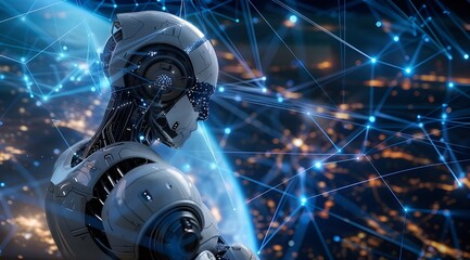 A robot was thinking about something, with the Earth in the background and blue digital lines connecting cities across the world.