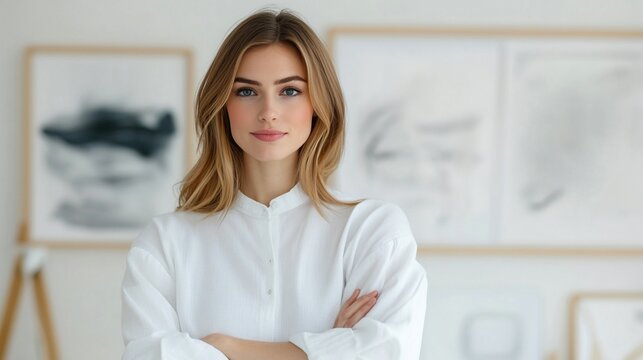 American professional woman, casually dressed, in a dynamic creative studio with art and design, demonstrating leadership and innovative thinking