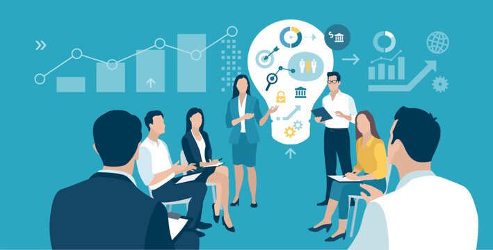 The Idea. The team discusses innovation. Business vector illustration.