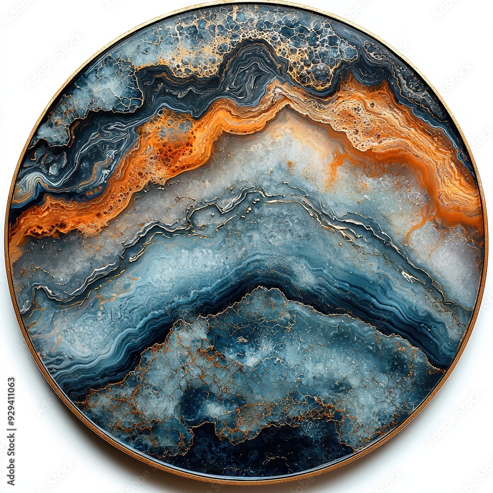 Aufkleber marble pattern in circular frame with vivid orange and blue hues, creating a mesmerizing abstract ar