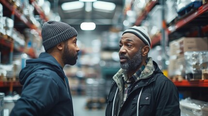 Warehouse manager talking with logistics employee in warehouse