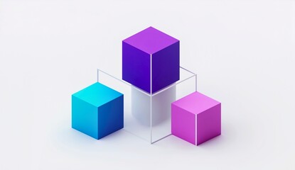 Obraz premium Colorful geometric cubes in shades of purple, blue, and pink arranged in a minimalistic 3D composition on a white background. Ideal for modern design, creativity, and innovation concepts.