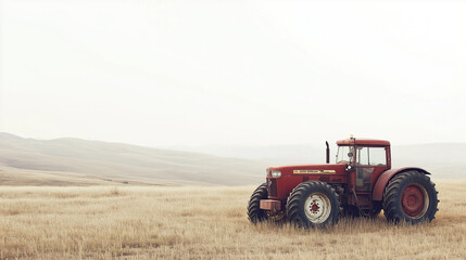 Obraz premium A red tractor stands alone in a vast, golden wheat field under a cloudy sky, emphasizing the serenity and simplicity of rural life.
