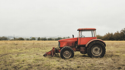 Obraz premium Red agricultural tractor standing idle in an open field on an overcast day, showcasing rural farm equipment and landscape scenery.