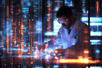 A male scientist of Asian ethnicity analyzes digital data in a modern lab, surrounded by high-tech holographic interfaces, exuding a futuristic and innovative atmosphere.