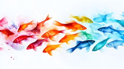 Fish shoal swimming gracefully in the deep ocean, their colorful bodies shimmering under the sunlight in a dreamy watercolor style
