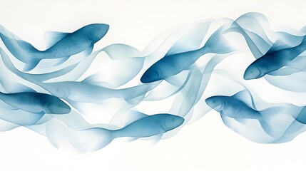 An ethereal watercolor scene of fish swimming in unison, seen from a bird's-eye view, their arrangement forming an elegant, organic pattern