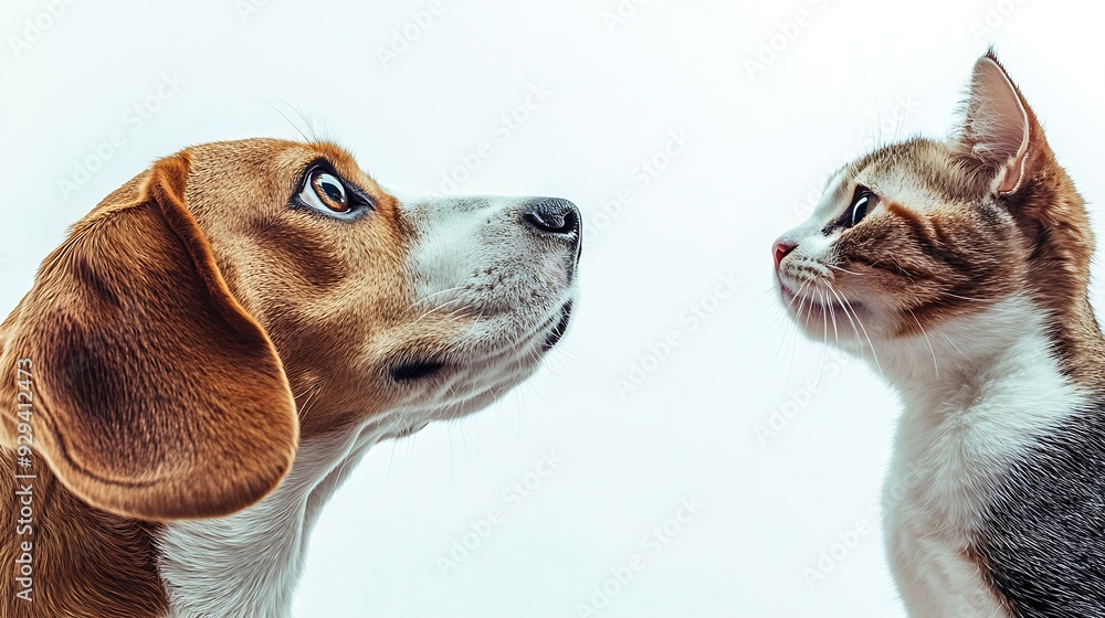 Aufkleber curious beagle dog and cat scottish straight looking up side view isolated on white background : gen