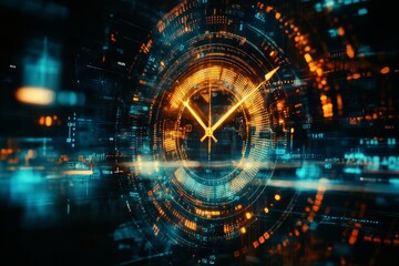 Fototapeta premium Futuristic clock face among digital data, captured in a striking photography shot