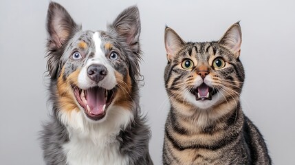 Obraz premium Portrait of a pretty blue merle australian shepherd dog and a tabby british shorthair cat looking straigth at the camera with open mouth on a white background with space for copy : Generative AI